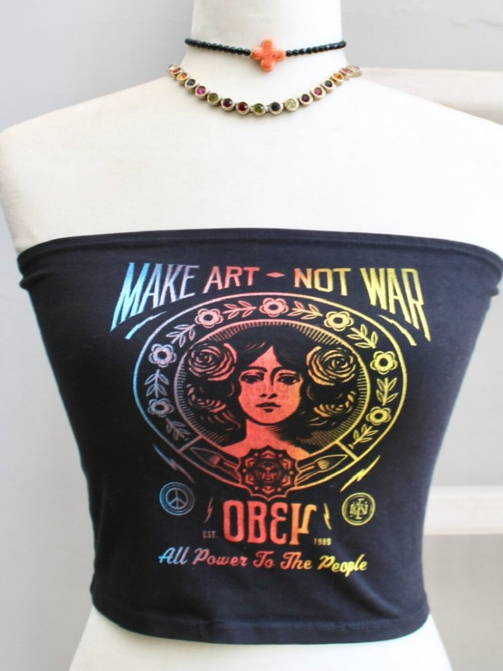 Obey Make Art Not War Graphoc Black & Rainbow Tube Crop Top Size Medium